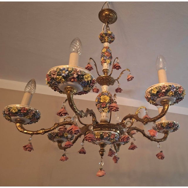 Vintage Boho Six-Arm Chandelier in Ceramic and Gilt Brass For Sale - Image 5 of 10