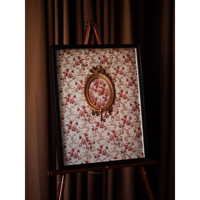 Contemporary Baroque Brass Frame Hanging on Floral Wallpaper Framed Photography by Tommy Lei For Sale - Image 3 of 4