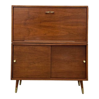 Mid Century Modern Two-Piece Dry Bar With Lighted Pull-Out Serving Surface For Sale