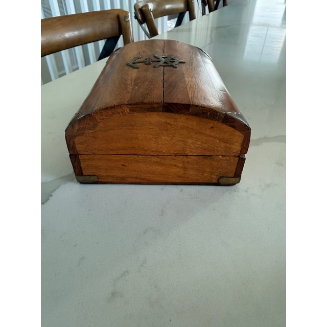 1970s Vintage Barrel Topped Wooden Box With Brass Anchor Inlay For Sale - Image 5 of 5