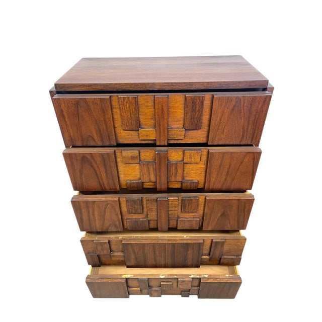 Wood Vintage Brutalist Highboy Dresser by Lane Furniture, 1970s For Sale - Image 7 of 10