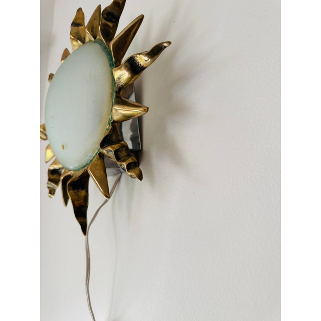 Vintage Sunburst Bronze Wall Sconces Frosted Glass Dome Lights Mid Century - a Pair For Sale In Chicago - Image 6 of 12