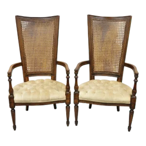 Mid 20th Century Vintage Hollywood Regency Tall Cane Back Fireside Lounge Armchairs - a Pair