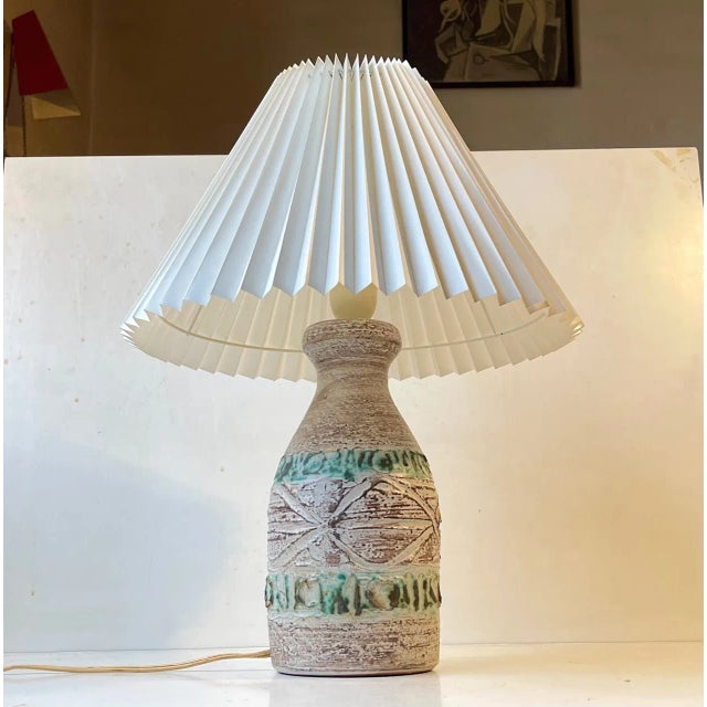 Italian Chamotte table light decorated with white soft/delicate glaze and green stripes. It has no markings but is similar...