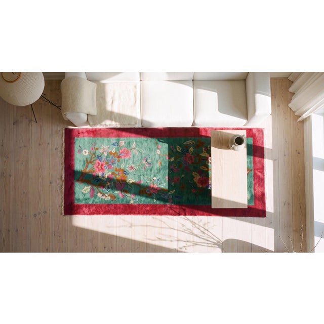 Lovely Dark Green Color With Special Floral Design Antique Chinese Art Deco Rug For Sale - Image 14 of 15
