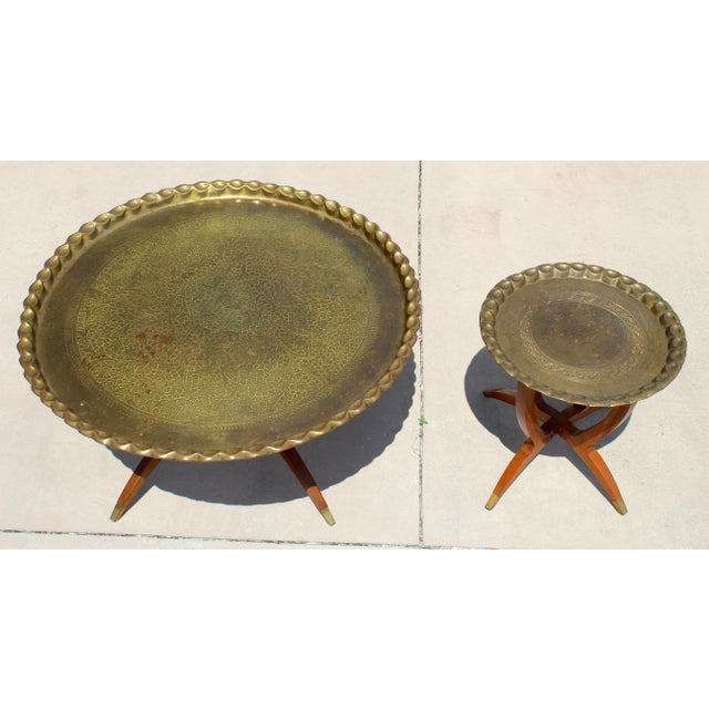 1960s Vintage Moroccan Hand-Engraved Brass Tray Coffee & Side Table Set, 1960s For Sale - Image 5 of 18