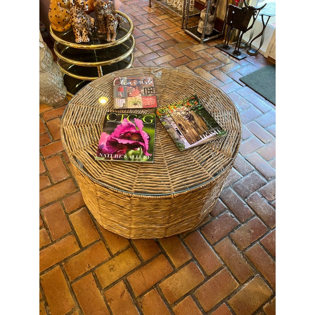 Tribal Weaved Seagrass Drum Coffee Table With Glass Top For Sale - Image 3 of 12