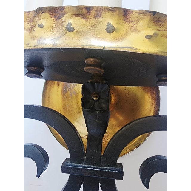 Black Mid Century Spanish Revival Wrought Iron Wall Sconces-a Pair For Sale - Image 8 of 13