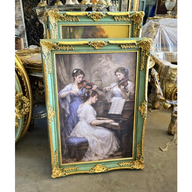 Rococo French Rococo Romantic Music Scene Wall Art With Hand-Gilded Gold Leaf Frame in Sage Green Finish For Sale - Image 3 of 3
