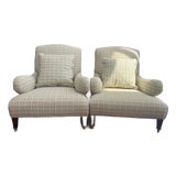 Early 20th Century Custom Pair of Roll Back Upholstered Chairs For Sale