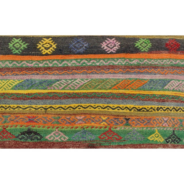 Green Mid 20th Century Vintage Turkish Kilim Rug With Colorful Stripe and Diamond Motif Designs For Sale - Image 8 of 12