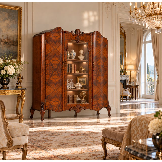 Baroque Venetian Hand-Carved Walnut & Burl Walnut Wardrobe with Mirror, 1910s For Sale - Image 9 of 13