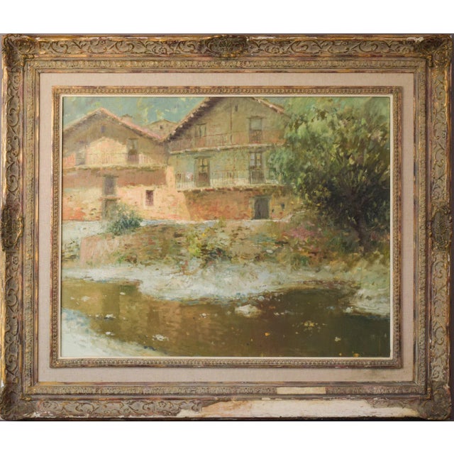 Palau Junca, Impressionist Painting with River and Chalets, Oil on Canvas, Framed For Sale - Image 15 of 15