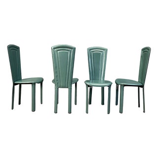 Vintage Green Leather Dining Chairs, 1980s, Set of 4 For Sale