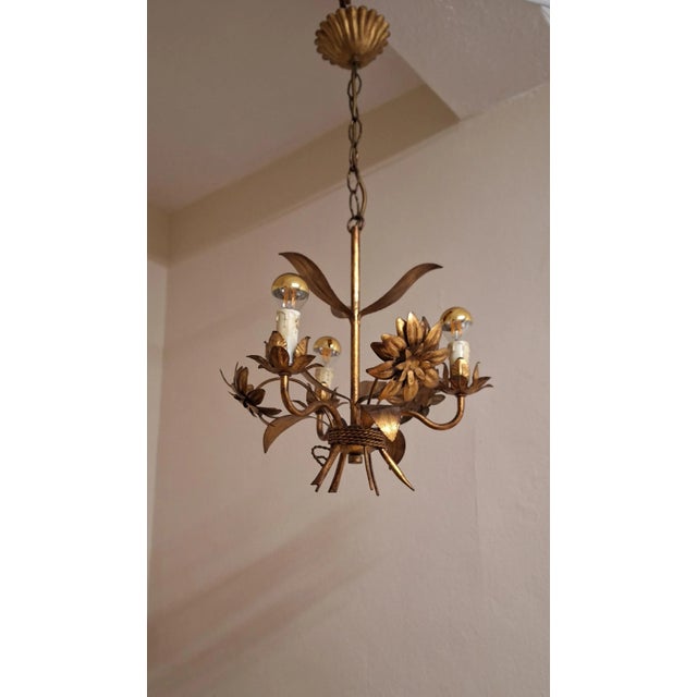 Vintage Chandelier in a Floral Design Made of Gold-Colored Metal, 1970s For Sale - Image 4 of 7