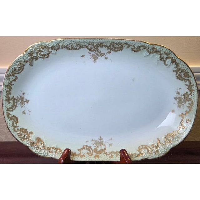 Antique Elite Works Limoges 11.5" Serving Platter - Gilded Scrolls & Celadon Dot Border Add a touch of French Belle Époque...