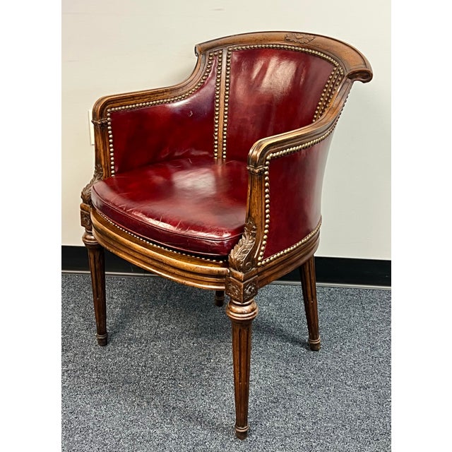 French Louis XVI Style Leather Barrel Back Library Chair For Sale - Image 3 of 12