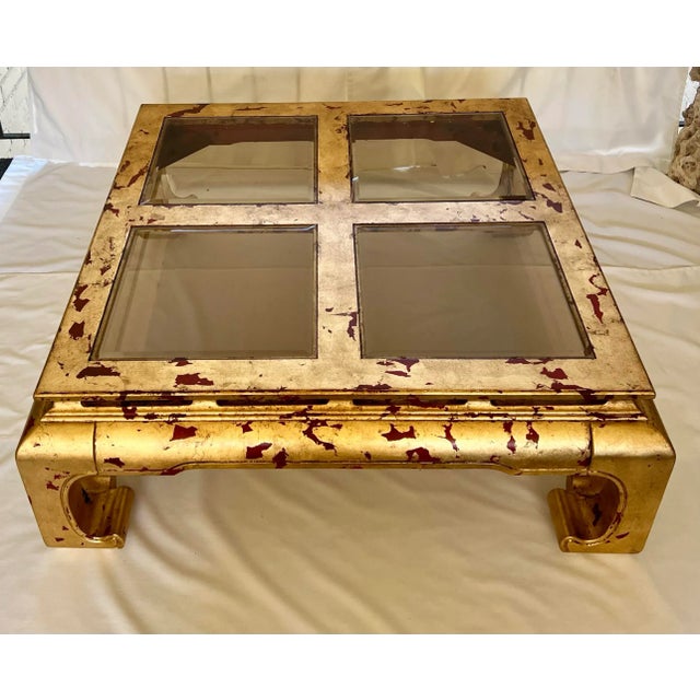 Chinoiserie Vintage Tony Duquette Style Newly Painted Red Distressed Gilded Wood Chow Leg Ming Style Coffee Table For Sale - Image 3 of 12