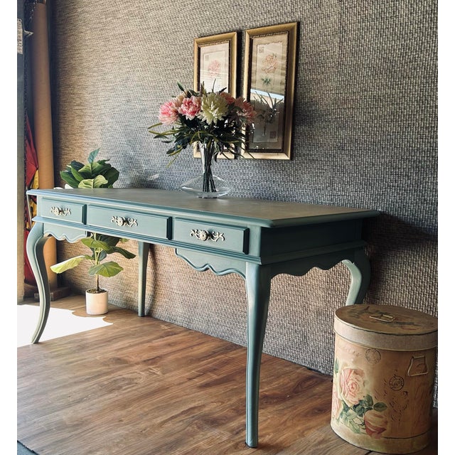 Mid-Century Louis XV Style Refinished Teal-Turquoise Solid Wood 3-Drawer Desk For Sale - Image 4 of 12