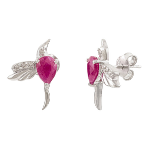 Elegant Solid Silver Ruby & Diamond Bird Motif Stud Earrings- A Pair
