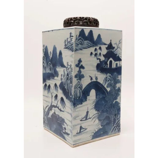 Blue 19th Century Chinese Export Canton Large Blue and White Tea Caddy For Sale - Image 8 of 11