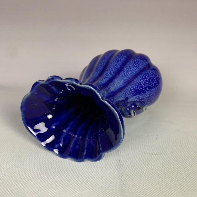 Ceramic Vintage Cobalt Blue Glazed Fluted Vase With Double Handles - 8.7" For Sale - Image 7 of 7