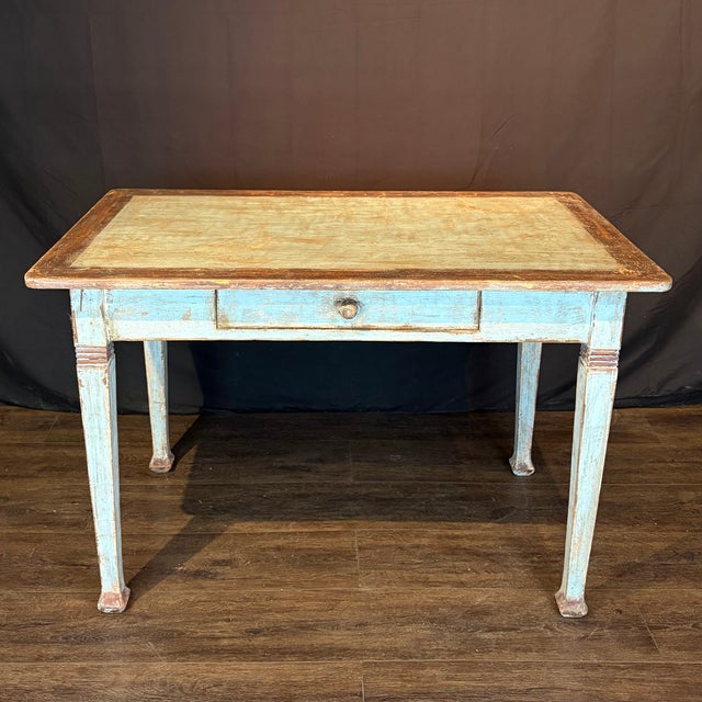 Wood Antique French Provincial Painted Pale Blue Table or Desk With Drawer For Sale - Image 7 of 11