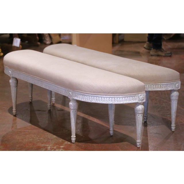 Late 19th Century Pair of 19th Century Louis XVI Painted Upholstered Benches With Rounded Corners For Sale - Image 5 of 11