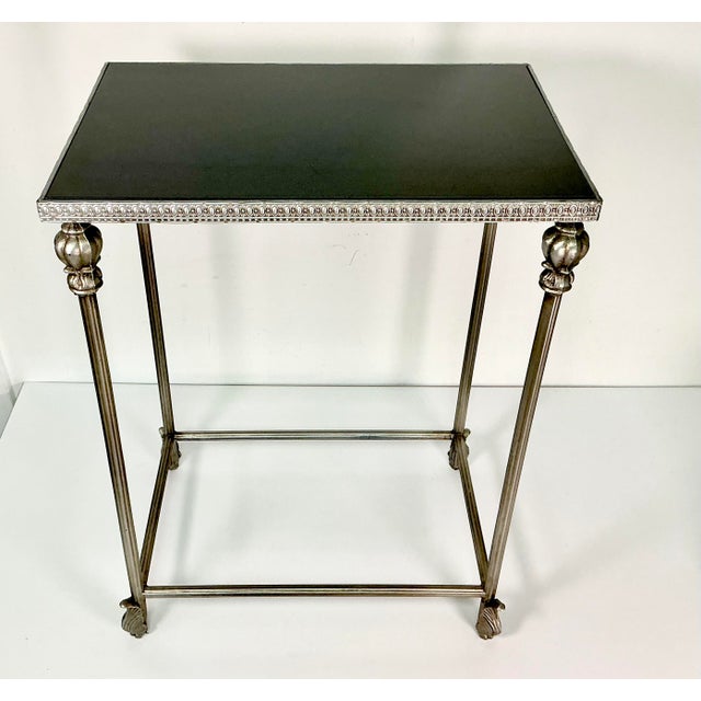 1970s Vintage Hollywood Regency Italian Neoclassical Black Marble Top Metal Side Table For Sale - Image 4 of 16