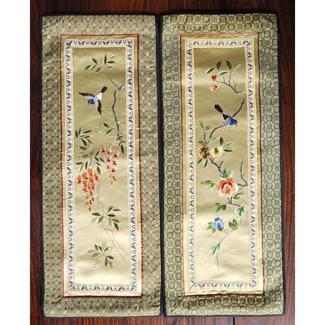 Contemporary Pair of Chinese Fine Silk Needlework Floral Panels Within Brocade Borders. Unframed. Pictorial Scene: Of Bird...