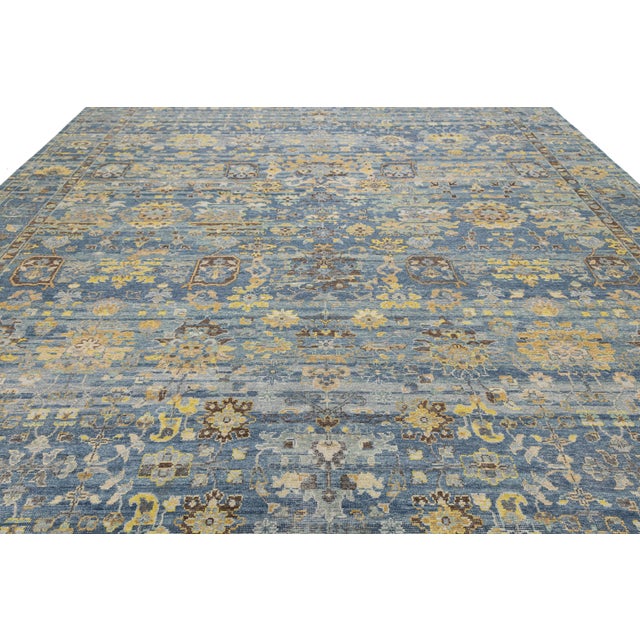 12x15 Hand-Knotted Modern Tabriz Style Wool Area Rug in Blue & Gold For Sale - Image 12 of 12