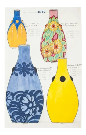 Unknown , Colored Vases , Original Watercolor and Ink Drawing , 19th Century