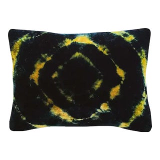 Rousseau Hand Dyed Silk Velvet Pillow, Gold & Indigo Blue Halo Abstract Pattern For Sale