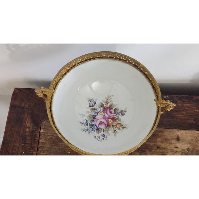 Mid 20th Century Mid-20th Century French P. Limoges Hand-Painted Porcelain & Gilt-Metal Pedestal Centerpiece Bowl For Sale - Image 5 of 18