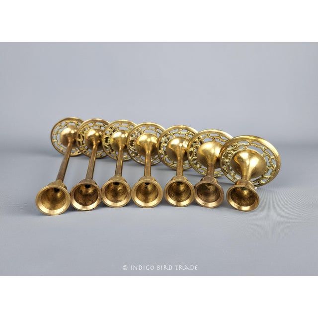 Vintage Brass Candlestick Holders Tulip Style With Ornate Pierced Bases - Set of 7 For Sale - Image 4 of 7