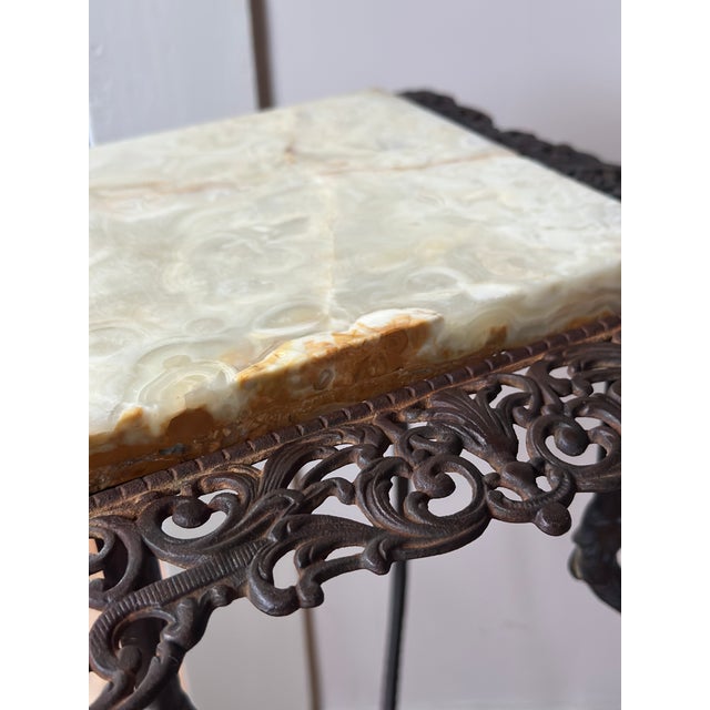 Antique 1890s National Brass & Iron Works Ornate Victorian Cast Iron and Onyx Plant Stand For Sale - Image 9 of 16