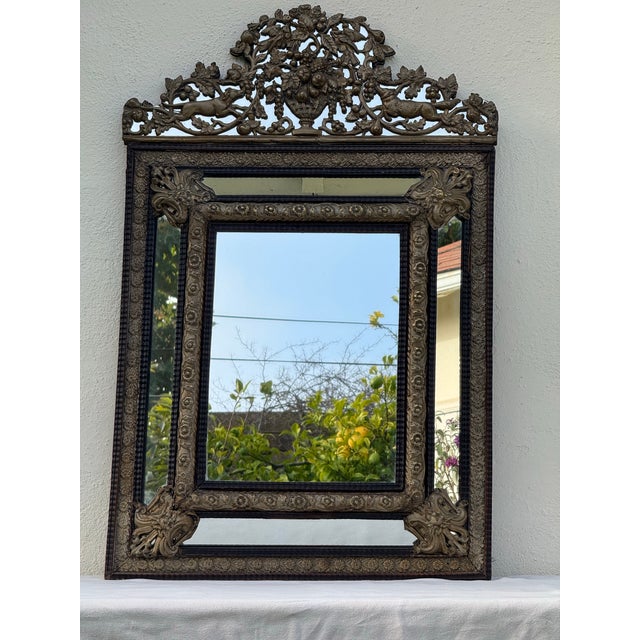 Gorgeous Antique Mirror 19th Century Dutch Ebony and Brass Repousse Cushion For Sale - Image 4 of 10