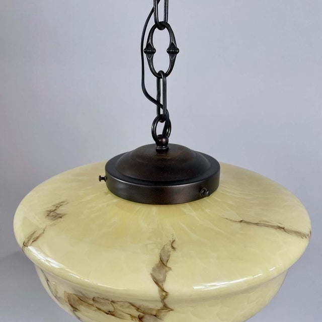 Metal Art Deco Dark Cream Marbled Opaline & Bronzed Pendant with Tassel, Germany, 1930s For Sale - Image 7 of 17