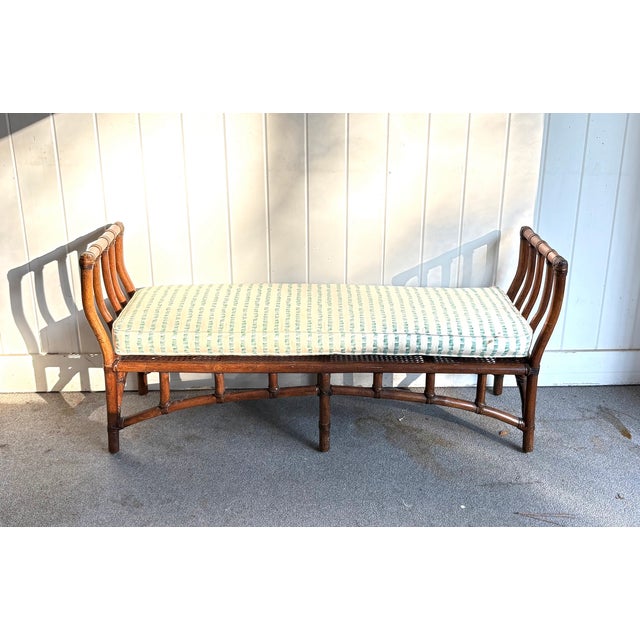 1960s-70s dark brown rattan cane-seat long bench w/ buttercream & light green striped upholstered cushion. Excellent...