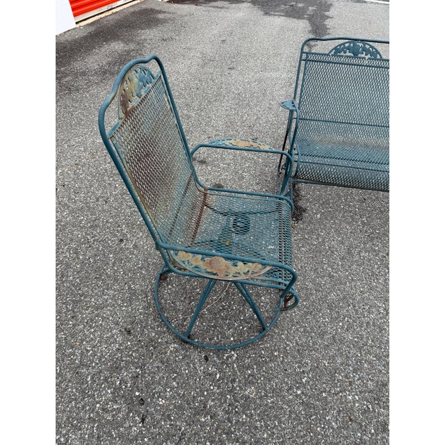 Russell Woodard Vintage Wrought Iron Woodard Conversation Set Glider & 2 Swivel Chairs, Attributed For Sale - Image 4 of 7