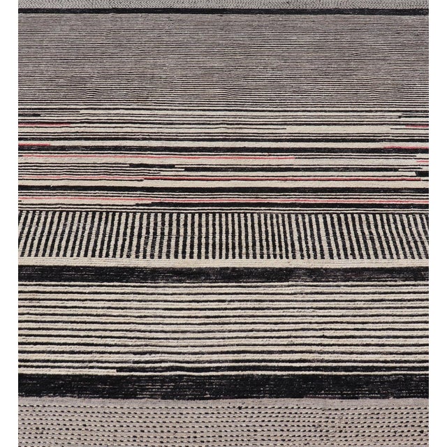 Modern Hand-Knotted Rug in Wool With Abstract Linear Design in Black & Ivory 9'9 X 12'8 For Sale - Image 4 of 12