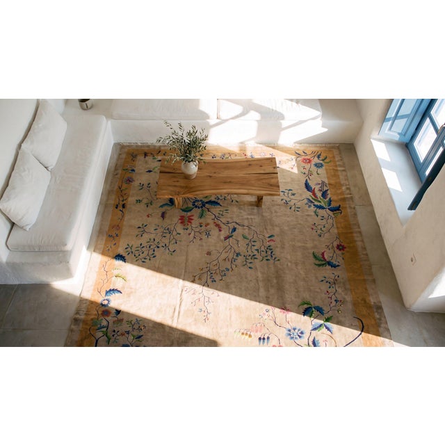 Beige Floral Antique Chinese Art Deco Rectangle Large 1920s Hand Knotted Rug For Sale - Image 15 of 15