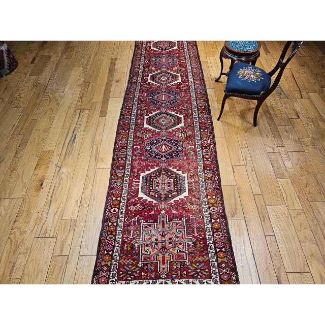 Red Antique Persian Heriz Karajeh Runner, Hand-Knotted Wool, Geometric Medallion Pattern, Red & Navy, 4x14 For Sale - Image 8 of 18