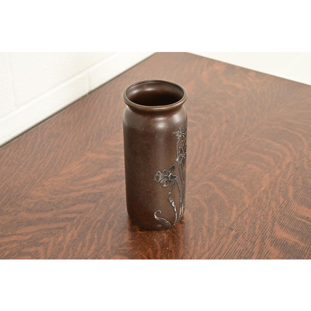 Heintz Art Metal Shop Heintz Arts & Crafts Sterling Silver on Bronze Vase With Floral Decoration For Sale - Image 4 of 12