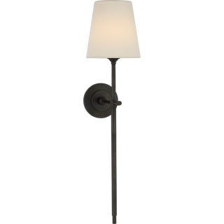 Thomas O'Brien for Visual Comfort Signature Bryant 27" Cordless Tail Sconce in Bronze with Linen Shade For Sale