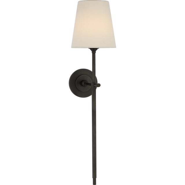 Thomas O'Brien for Visual Comfort Signature Bryant 27" Cordless Tail Sconce in Bronze with Linen Shade For Sale