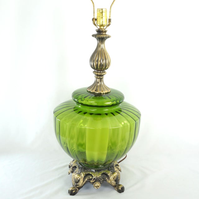 1970s Vintage Green Empoli Glass Mid Century Hollywood Regency Style Lamps - a Pair For Sale - Image 5 of 16
