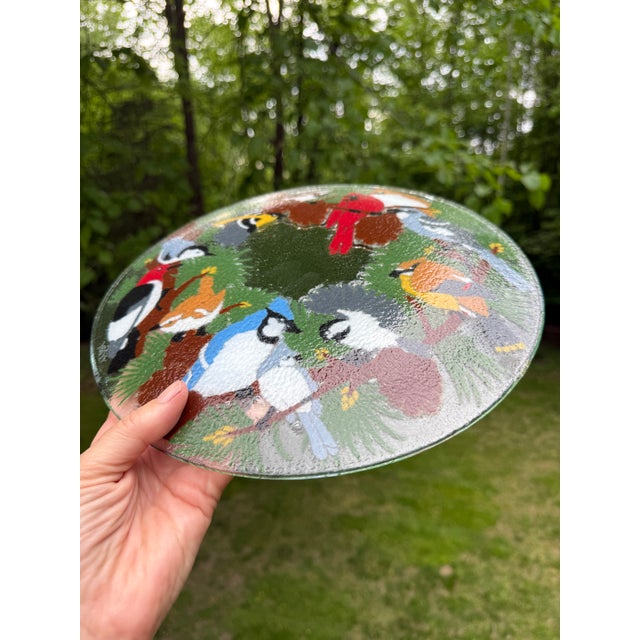 1990s Peggy Karr Festive Birds Signed Fused Art Glass Platter For Sale - Image 6 of 8