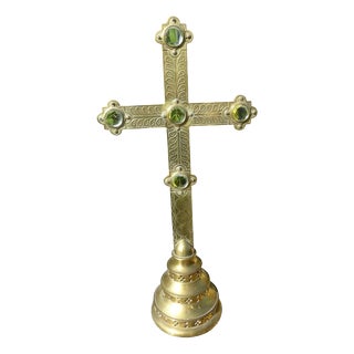 Victorian Religious Ecclesiastical Church Brass Crucifix with Cabochons, 1860 For Sale