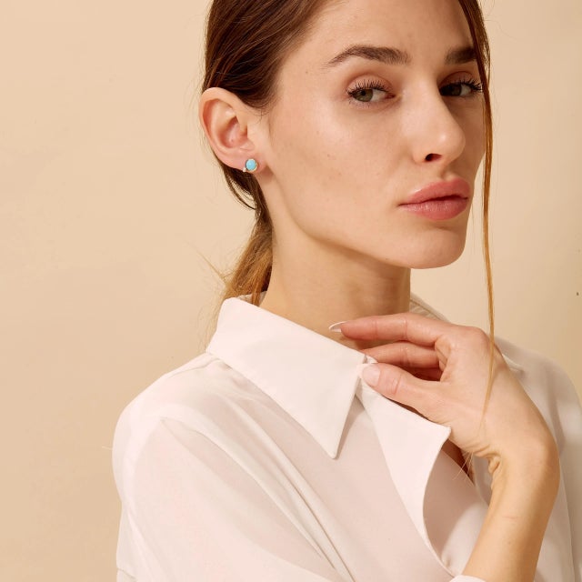 Contemporary Syna Yellow Gold Sleeping Beauty Turquoise Studs with Diamonds, a Pair For Sale - Image 3 of 4